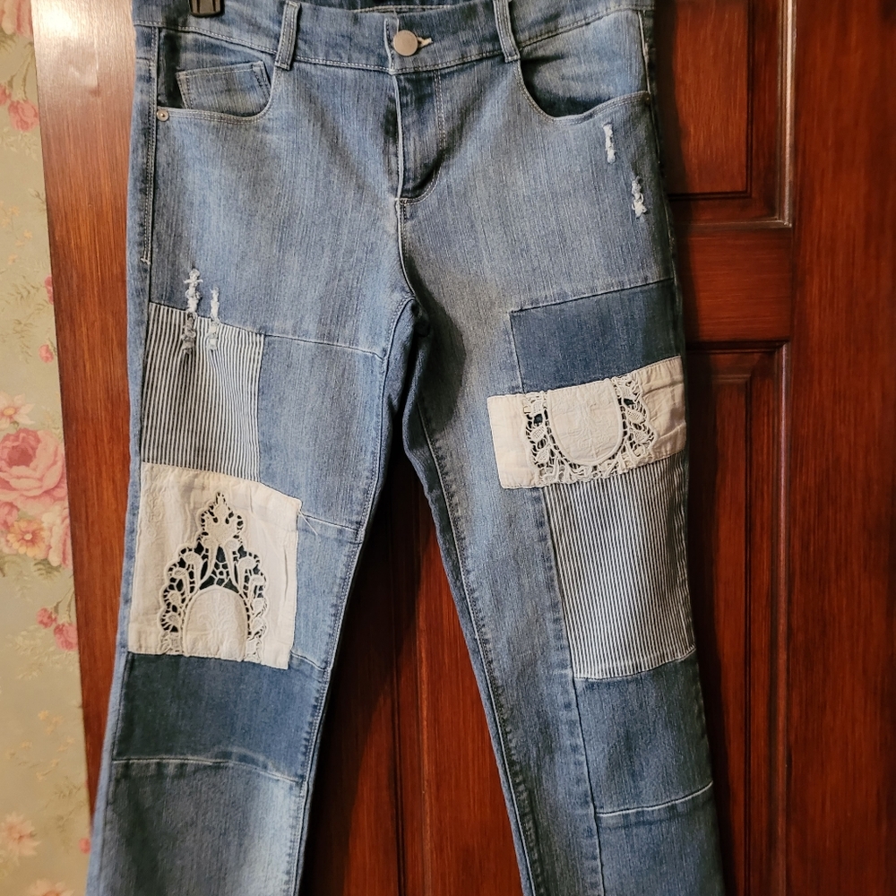 Democracy lace patchwork denim crops size 10.